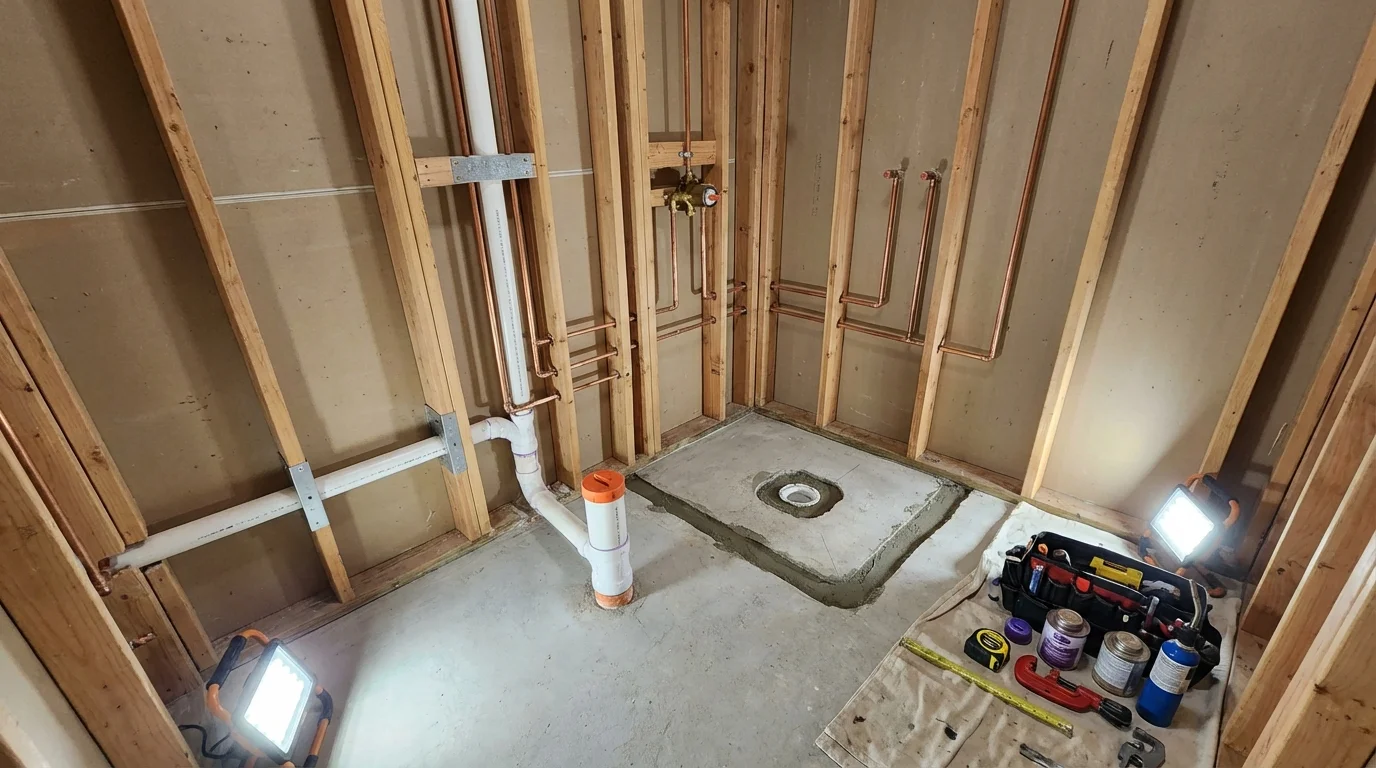 Bathroom rough-in plumbing during remodel by Johns Plumbing LLC in Malverne