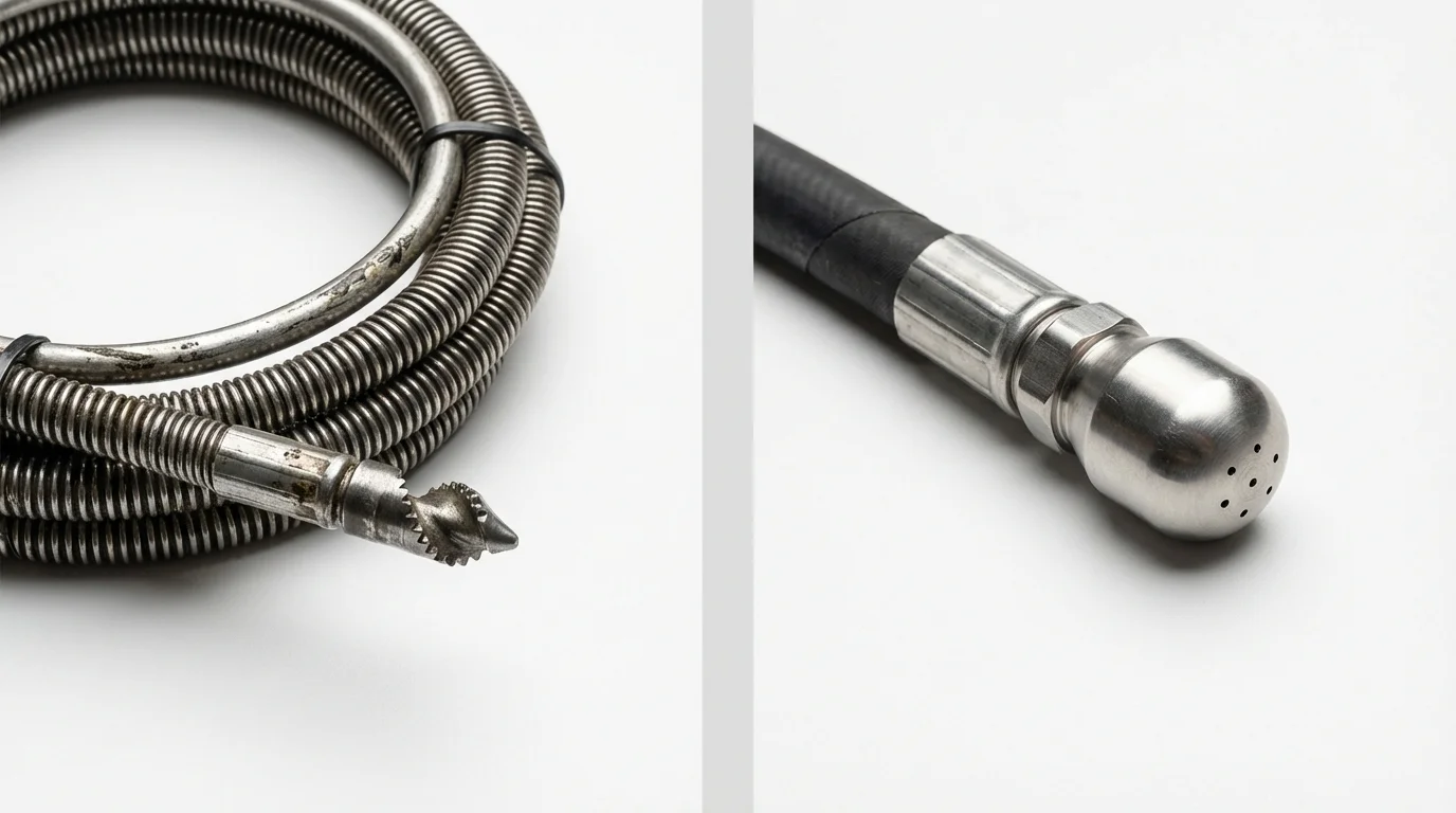 Drain snake cable and hydro jetting nozzle used for drain cleaning in Malverne, NY