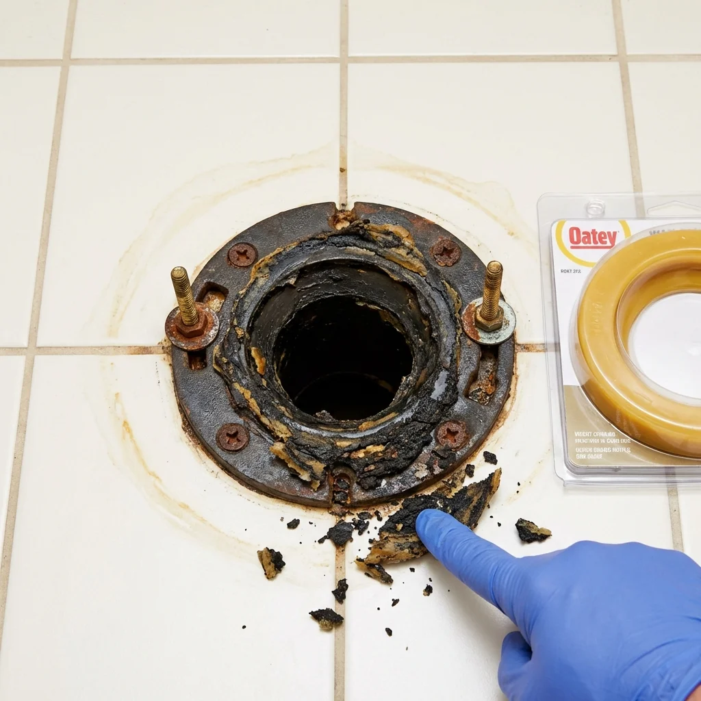 Failed wax ring showing water seepage at the base of a toilet in a Malverne, NY home