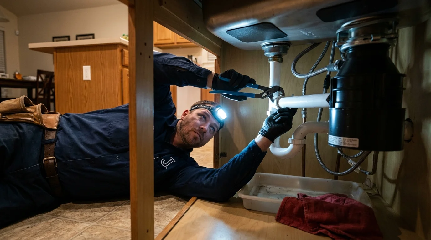 P-trap and supply line connections under a kitchen sink showing a common leak point in Malverne, NY